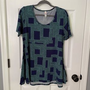 LuLaRoe Perfect Tee Blue & Aqua Geometric Pattern